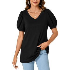KIFOVEN Women's Summer Cotton Dressy Tops V Neck Puff Short Sleeve Work Blouse Shirt (Black, XL)