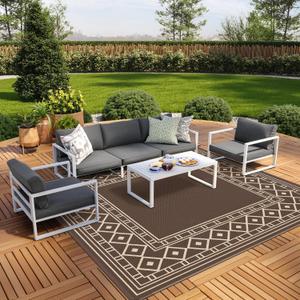 GENIMO Outdoor Rug Waterproof for Patio Decor, 10'x10' Foldable Reversible Plastic Straw Carpet, Outside Area Mat for Rv, Deck, Picnic, Porch, Camper, Balcony, Beach, Coffee & Beige