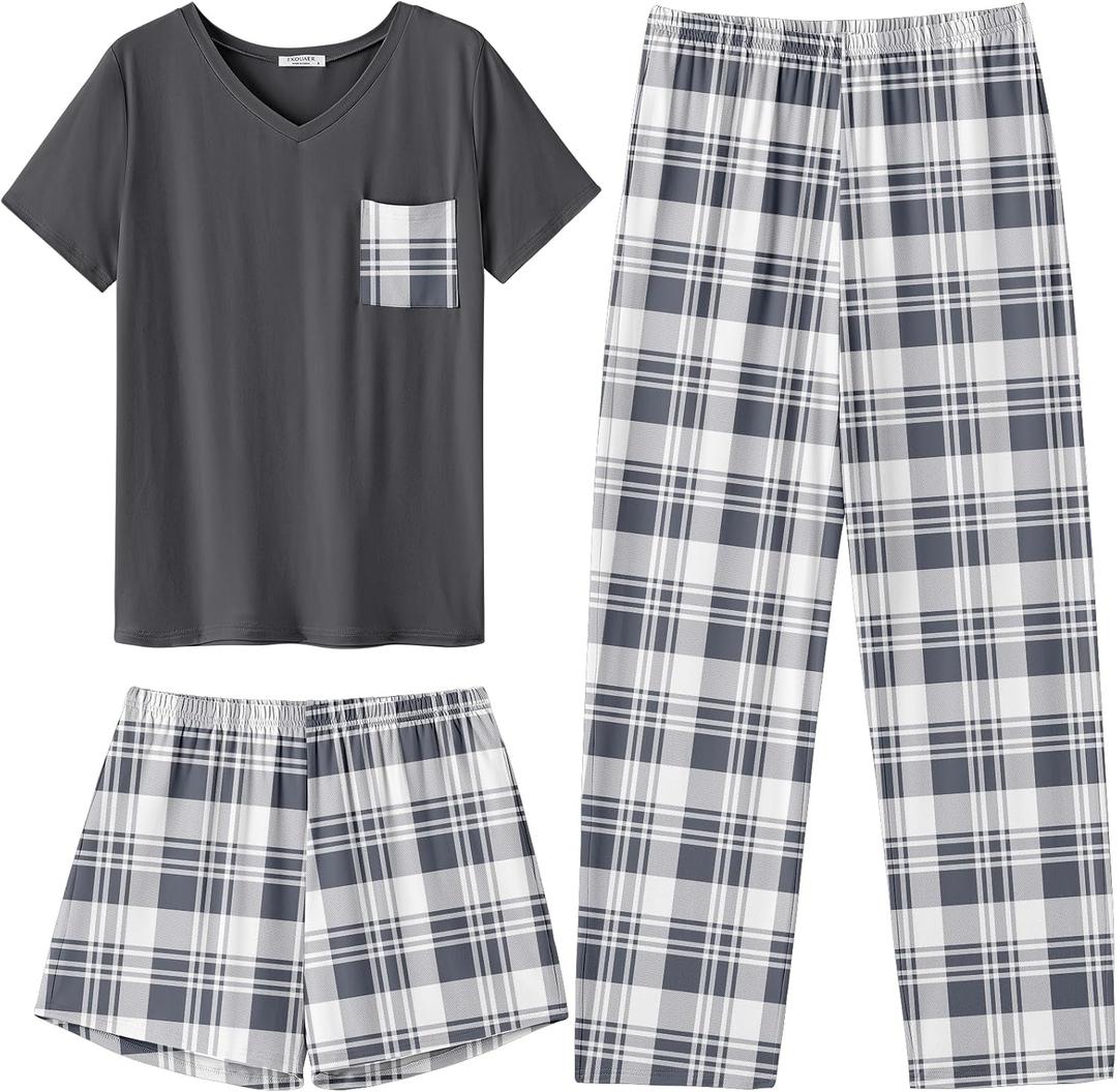 Ekouaer Women's 3 Piece Pajama Set Short Sleeve Sleepwear Pj Set Top and Shorts Pants Pjs with Pockets (Large, Light Gray Plaid)
