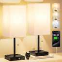17.4In Tall Table Lamps for Bedroom Set of 2 - 3 Color Bedside Lamps with AC Outlets and USB Ports for Charging, white and Black Square Night Stand light, End DeskLamp for Living Room/Dorm/Office