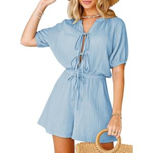 Fixmatti Women Summer Romper - Self Tie V Neck Casual Jumpsuit (Blue, M)