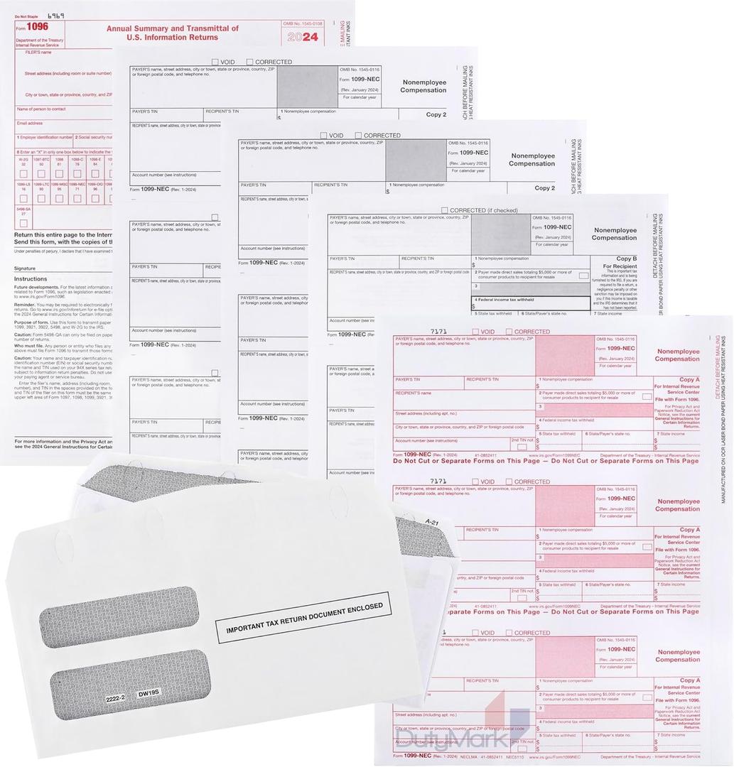1099 NEC Forms 2024 for 25 Recipients 4 Part Laser Tax Forms Kit, 3 1096 Forms, 25 Security Self Seal Envelopes, Great for QuickBooks and Accounting Software, 2024 1099 NEC (1099 NEC 4 part With Envelopes)
