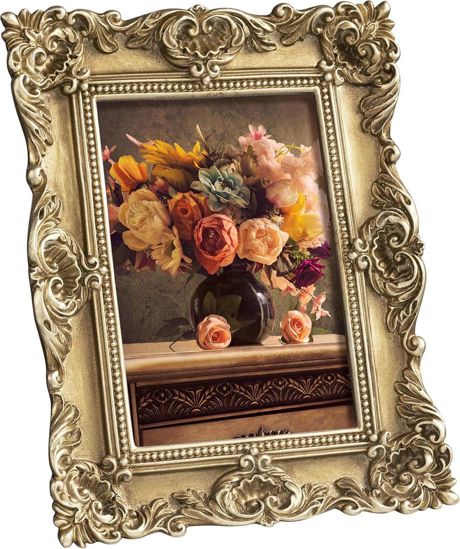 eletecpro 4x6 Vintage Picture Frame with Real Glass Cover, Ornate Antique Photo Frame, Display 4x6 Picture for Tabletop or Wall Hanging Horizontal & Vertical, Gold Home Decor for Gallery Art
