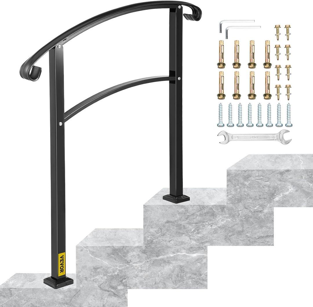 Happybuy 3-Step Transitional Handrail Fits 1 or 3 Steps Matte Stair Rail Wrought Iron Handrail with Installation Kit Hand Rails for Outdoor Steps (Unadjustable) (Black)