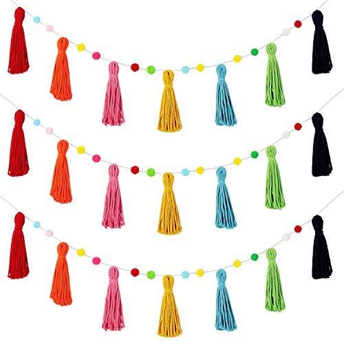 Syhood 3 Pcs Colorful Pom Pom Tassel Garland Boho Rainbow Felt Garlands Tassel Banner Each 50'' Birthday Baby Shower Classroom Boho Decoration for Nursery Wall Bedroom Home Decor(Rich Colors)