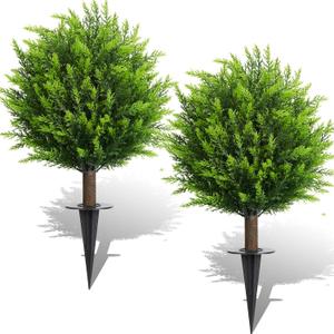 26.5" Artificial Cedar Topiary Ball Trees, Set of 2 UV Resistant Fake Evergreen Trees Shrubs Bushes Artificial Plants with Ground Spike Faux Cypress Plants for Indoor Outdoor Front Porch Garden