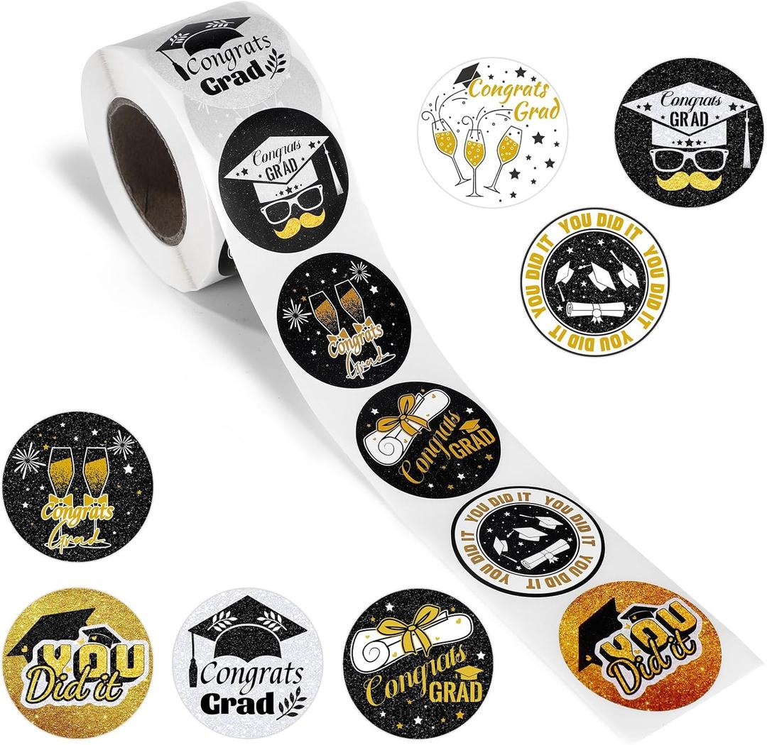 500pcs Class of 2025 Graduation Stickers, Self Adhesive Congrats Graduation Labels 7 Styles Cap Stickers Grad Party Supply for Envelope Seals Cap Diplomas