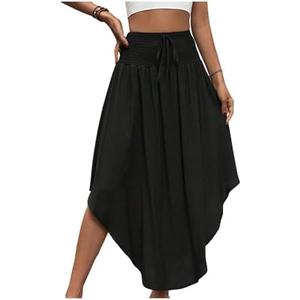 Verdusa Women's Asymmetrical Ruffle Maxi Skirt Shirred Drawstring High Waisted Long Skirts Mediun