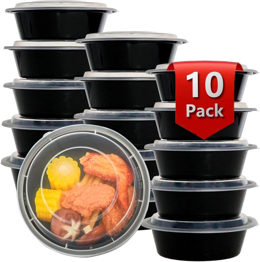 Meal Prep Containers Reusable 10 Pack-28 oz Food Storage Containers with Lids To Go Food Containers Takeout, Microwave Dishwasher Freezer Safe, Stackable, BPA Free, Plastic (Black)