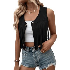 SweatyRocks Women's Suede Fringe Trim Sleeveless Crop Vest Jacket Button Front Coat (Large, Black)