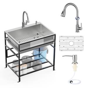 30x22 Inch Stainless Steel Utility Sink-Freestanding Laundry Sink Practicality With Accessories Stainless Functional Faucet,Soap Dispenser, SS Sink Grid For Laundry,Garage,Outdoor Kitchen,Garden...