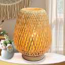 Rattan Table Lamp, Vintage Wicker Wooden Nightstand Lamp with Dimmable & Timer Function, Boho Bamboo Woven Desk Lamps for Bedroom Living Room Kids Room, 2700K T45 LED Bulb Included