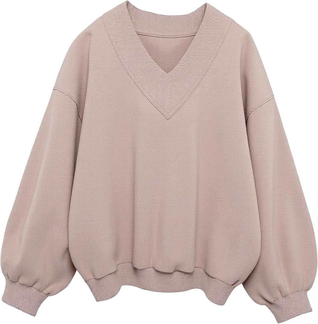 Hilinker Womens V Neck Oversized Sweatshirts Cute Pullover Drop Shoulder Long Sleeve Tops Fall Winter Taupe Small (S)