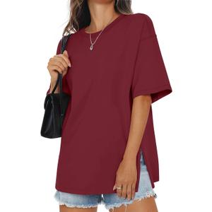 EasyGala Womens Cotton Oversized T Shirts Side Slit Tops Loose Fit Tee Crewneck Short Sleeve Summer Clothes 2026 (Red, S)