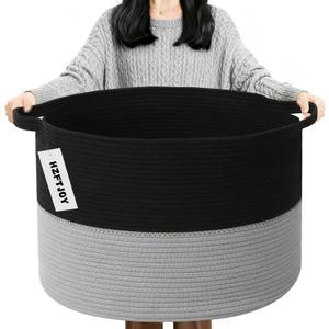 Large Blanket Basket for Organizing, 65L Closet Organizers and Storage Bins Box for Shelves Woven Rope Storage Baskets, Living Room, Bedroom, Dorm, Laundry room (Black&Light Grey)