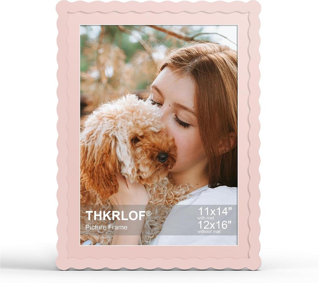 12x16 Picture Frame with Mat for 11x14, Wavy Edge Wooden Real Glass Photo Frame for Wall Hanging, Pink, 1 Pack