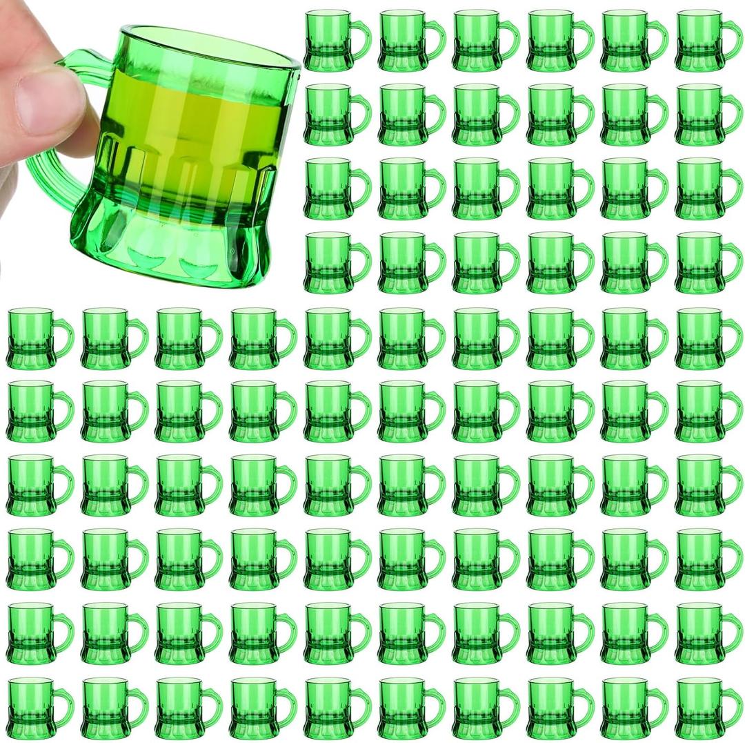 96 Pcs St Patricks Day Green Mini Plastic Beer Mug Irish Shot Glasses with Handles Irish Gifts Party Favors Green Plastic Miniature Beer Cup for Saint Patty's Day Celebration