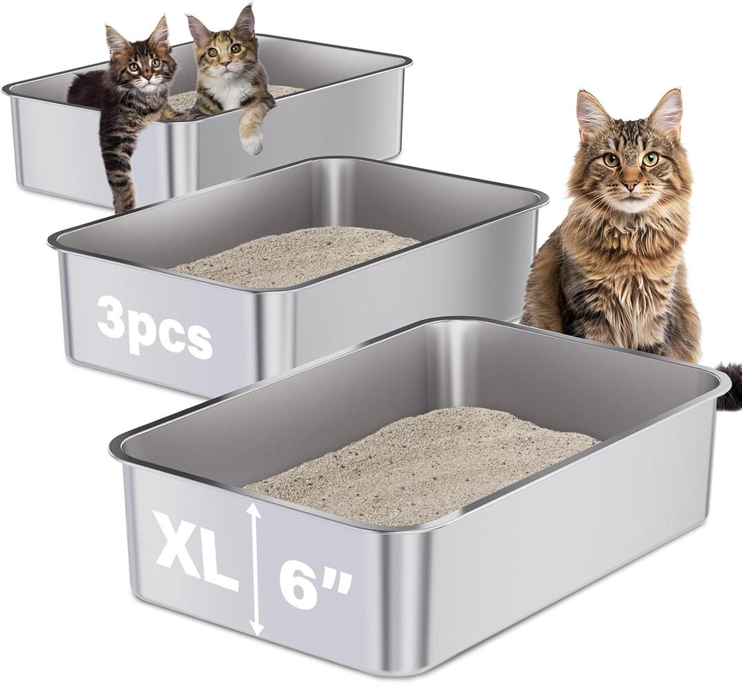 Stainless Steel Litter Box 3 Pack, 23.6" X 15.7" X 6" Extra Large Cat Litterbox No Smell, XL Metal Litter Box for Big Kitty, Multiple Cats, Non Stick, Easy Cleaning
