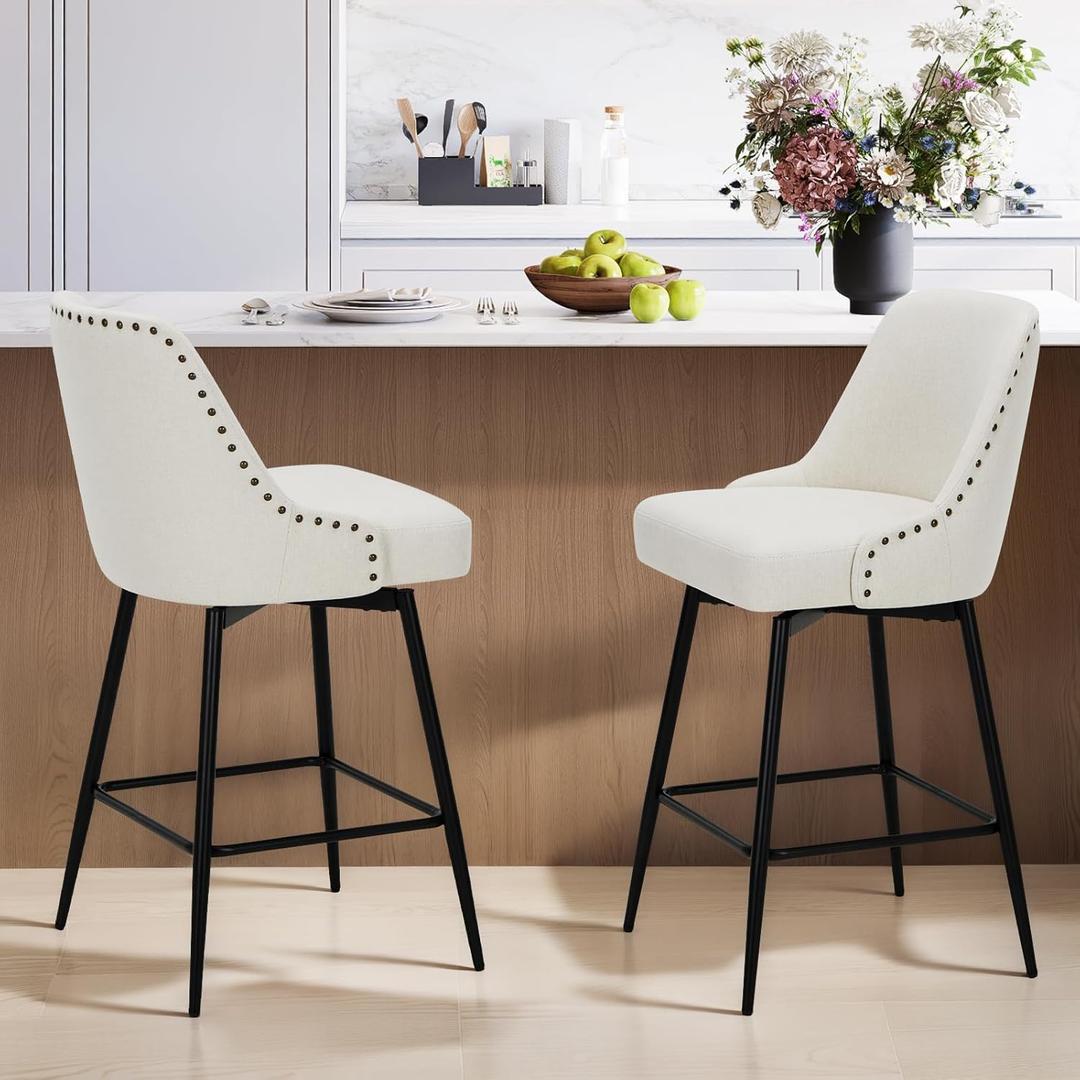 COLAMY Bar Stools Set of 2, 26.18" Counter Height Swivel Stools with Thick Padded Seat, Adjustable Footrest & 360 Rotation, Soft Fabric Upholstery for Kitchen Island/Home Bar/Cafe, Beige