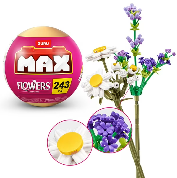 Zuru Max Floral Set for Kids - Bundle with Buildable Daisy, Iris, Perscicaria, and Lavender Flower Bricks Plus Tattoos 243 PCS