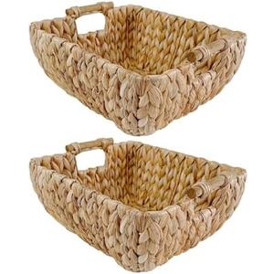 Pixoframe Small Rectangular Handwoven Wicker Basket - Water Hyacinth Storage Baskets with 2 Polished Wooden Handles for Store Hand Towel, Fruits & Veggies etc – 12.25"x7"x4.75" - Pack of 2 - Natural