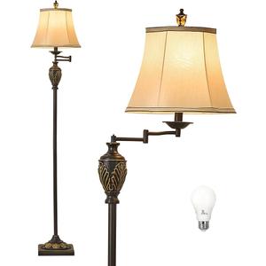 Traditional LED Floor Lamp with 350° Adjustable Swing Arm Lamp – Vintage Standing Pole lamp for Living Room, Bedroom and Office – Rustic Upright Floor Light for Home Décor with Silk Fabric Shade