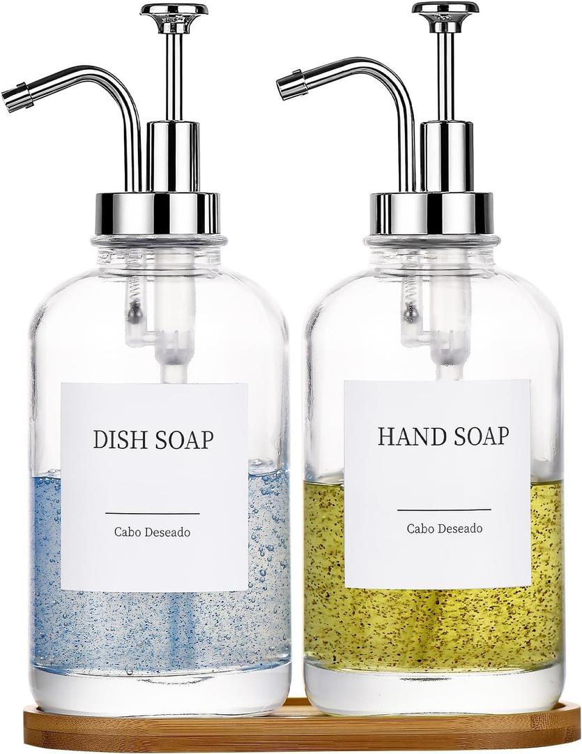 Glass Soap Dispenser with Pump, Dish and Hand Soap Dispenser for Kitchen Bathroom Set, Clear Glass Dispenser Set of 2 Pack with 18 Stickers Funnel Bamboo Tray 500ml 18oz / Each Bottle Sliver Pump