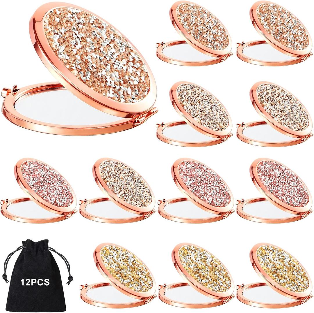 Cindeer 12 Pcs Small Compact Mirror Folding Pocket Makeup Round Hand Held Cosmetic Magnifying Compact Rhinestone Mirror with 1X/2X Magnification for Women Girls Travel (Assorted Colors)