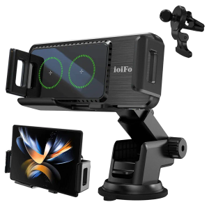 15W Qi Wireless Car Charger Auto-Rotating Dual Coils Fast Charging Vent/Dashboard Phone Mount Holder for Samsung Galaxy Z Fold 6/5/S24/S23, iPhone 16/15/14 Pro Max, Google Pixel 8/7 Pro (L)