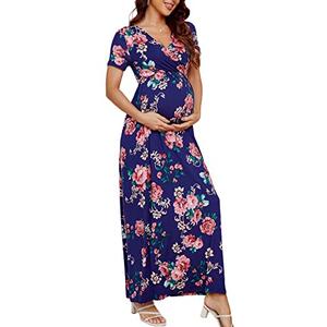 Xpenyo Women's Floral Maternity Dresses Summer Casual Short Sleeve V Neck Wrap Long Maxi Dress Pregnancy Clothes for Baby Shower, Photoshoot, Party, Daily, Nursing, Rose Floral Navy Blue XL