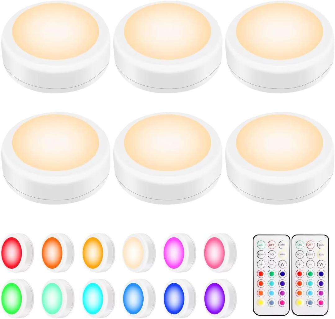BLS LED Puck Lights with Remote Control, Wireless Under Cabinet & Closet Lighting, Color Changing Lights with Dimmer, Timer & AA Battery Operated, Stick on, 6 Pack (RGB -6 Pack(White Shell))