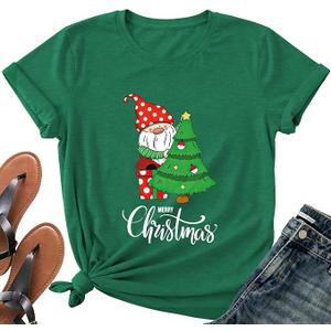 Merry Christmas Shirts for Women - Xmas Bow Short Sleeve Festive Holiday Pink Ribbon Tee Tops, Green, XL