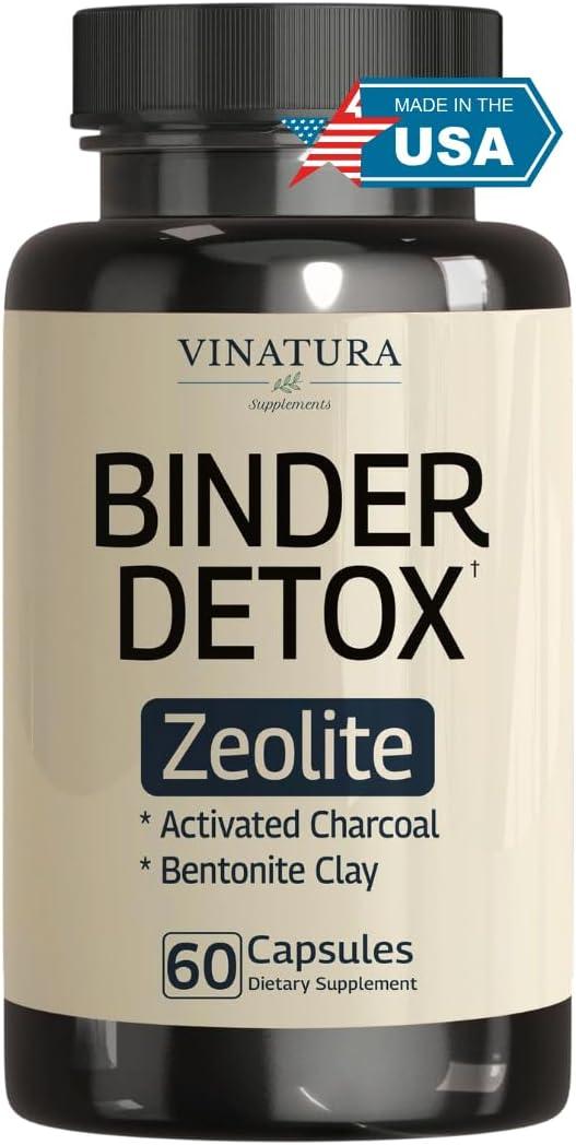 VINATURA Binder Zeolite Detox for Adults - Activated Charcoal, Zeolite, Bentonite Clay, Apple Pectin and More - Support Body Detox Cleanse with Binder Supplements, 60 Capsules