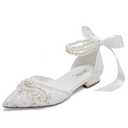 Winflag Pearl Wedding Shoes for Bride Flat Lace Bride Shoes Pointed Toe Bridal Flats-White Size 40