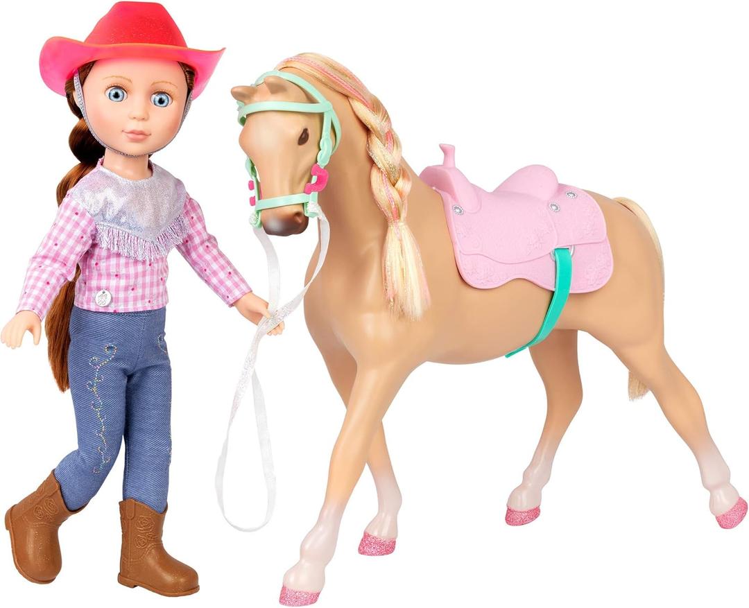 Glitter Girls Jaime Doll & Jumper Horse | 14 inch Equestrian Doll Wearing Clothes & Boots and Horse with Tan Coat and Pink Saddle - Toys for Girls 3+ Years Old