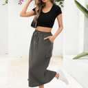 Women's Casual High Waist A Line Midi Skirt Flared Drawstring Stretchy Skirt(Small, Dark Gray) (Gray, S)
