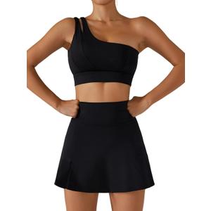 Women's Tennis Skirts Sport Bra Sets High Waisted Golf Skorts Skirt One Shoulder Sports Bra Running Workout Activewear (Black, L)