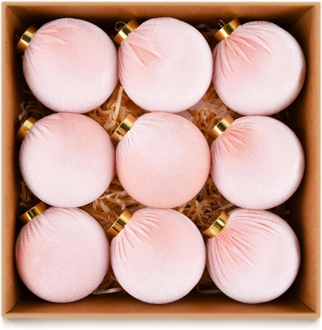 Velvet Ornaments for Christmas Tree Decorations - Light Baby Pink Xmas Ball Ornament for Indoor Holiday Decor - Shatterproof Christmas Bulbs Ornaments 80mm 3.15inch - Pack of 9