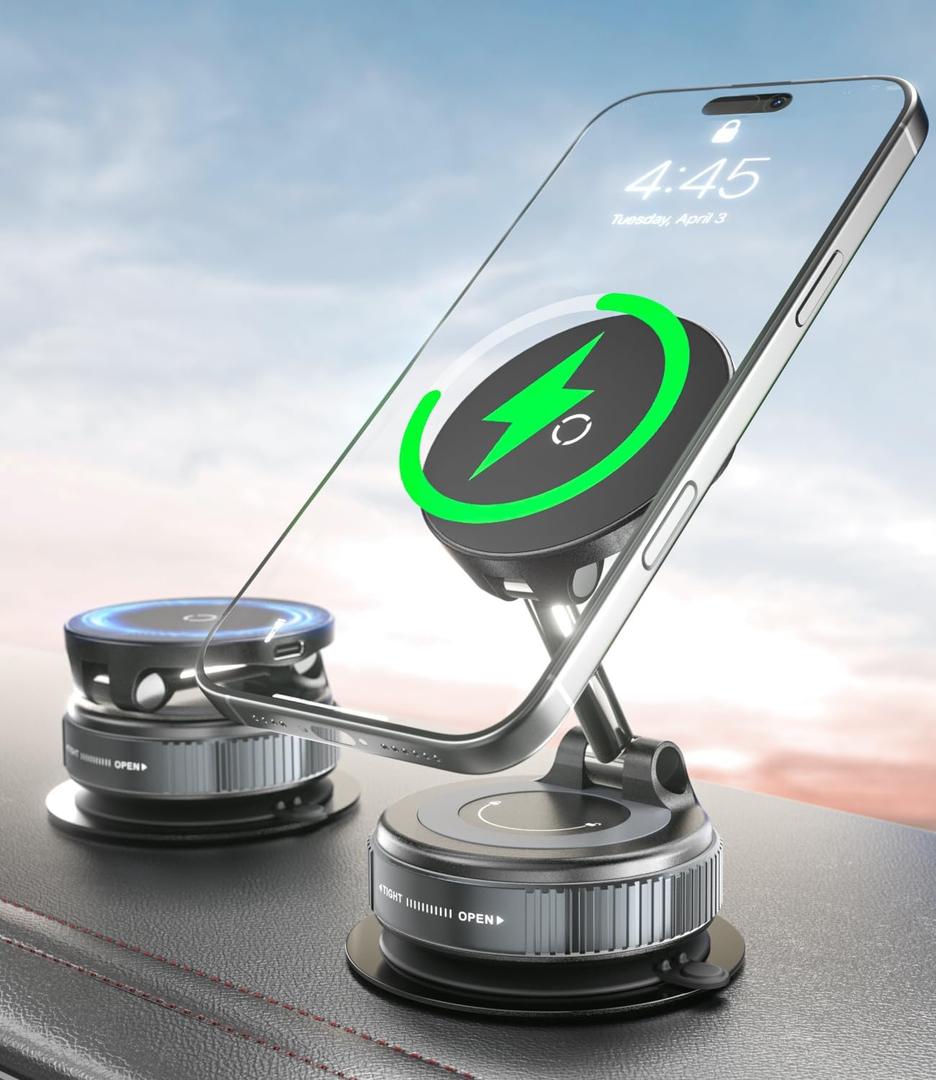 CloudValley 15W Fast Wireless Charger Car Phone Mount, Vacuum Suction Cup Magnetic Phone Holder Design for MagSafe iPhone 17/16/15/14/13/12, 360 Adjustable & Foldable Stand for Dashboard/Windshield