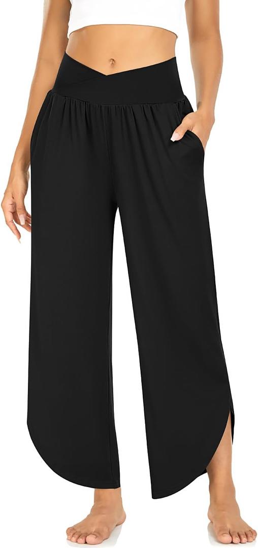 TARSE Wide Leg Pants for Women Cross High Waisted Yoga Pants Casual Lounge Joggers Loose fit Pajama Bottoms with Pockets (Large, Black)
