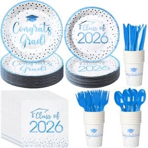 700pcs Class of 2026 Graduation Plates and Napkins Set, Disposable Paper Plate Set Polka Dots Napkins Cups Knife Fork Spoon for Graduation Party Decorations and Supplies,Serve 100(White LightBlue)
