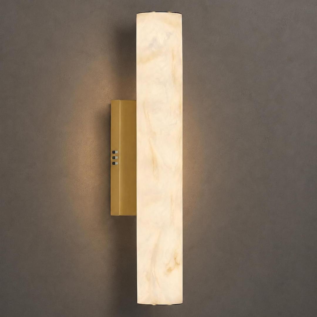 Alabaster Wall Sconce, 20in Linear Gold Brass Wall Sconces, Luxury Marble Look Bathroom Vanity Light, 3000K Dimmable Hardwired Wall Lamp for Living Room Bedroom Hallway, 1 Pack, Faux Alabaster