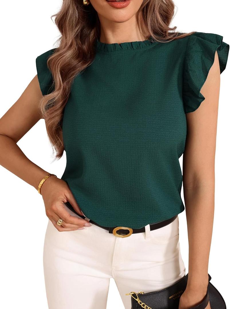 Women's Ruffle Cap Sleeve Blouse Elegant Mock Neck Business Casual Shirts (Green, M)