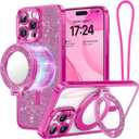 Meifigno Magnetic Case with Removable Phone Ring Stand for iPhone 16 Pro, [Glitter Card & Wrist Strap] [MagSafe Compatible] [Built in Mirror] Magnetic Phone Ring Holder + 16 Pro Case Kit, Hot Pink