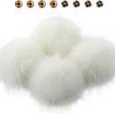 Juinte 8 Pcs 6 Inch Large Fur Pom Pom Balls for Hats Fluffy Faux Fur Pompom Balls with Snap Button for Hat Shoes Scarves Bag Charms DIY Crafts (White)