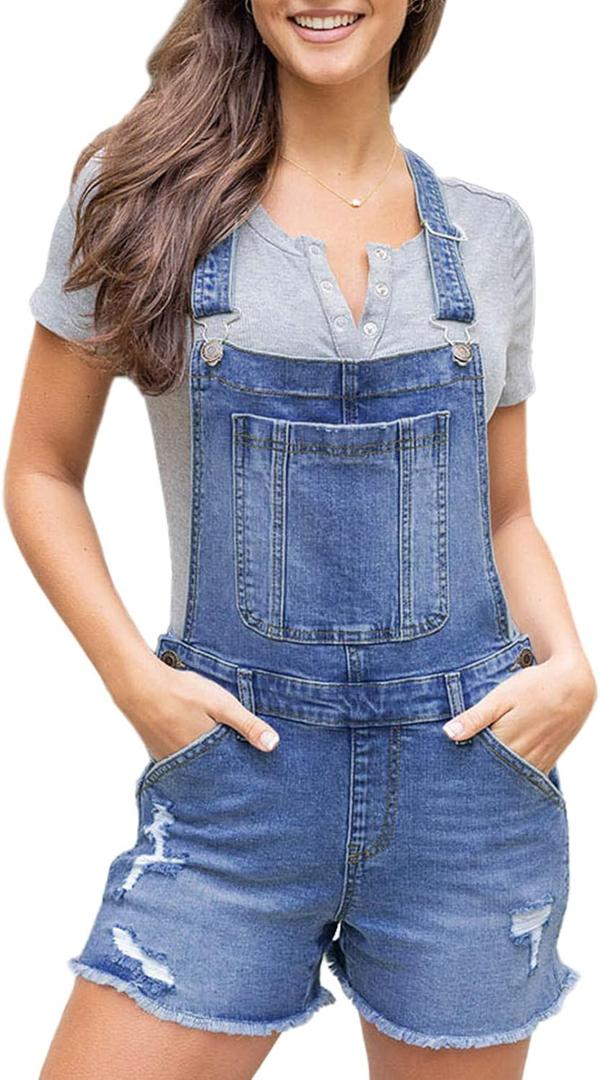 Pink Queen Women's Denim Shortalls Casual Adjustable Straps High Waist Bib Jeans Overalls Shorts Romper with Pockets (Large)
