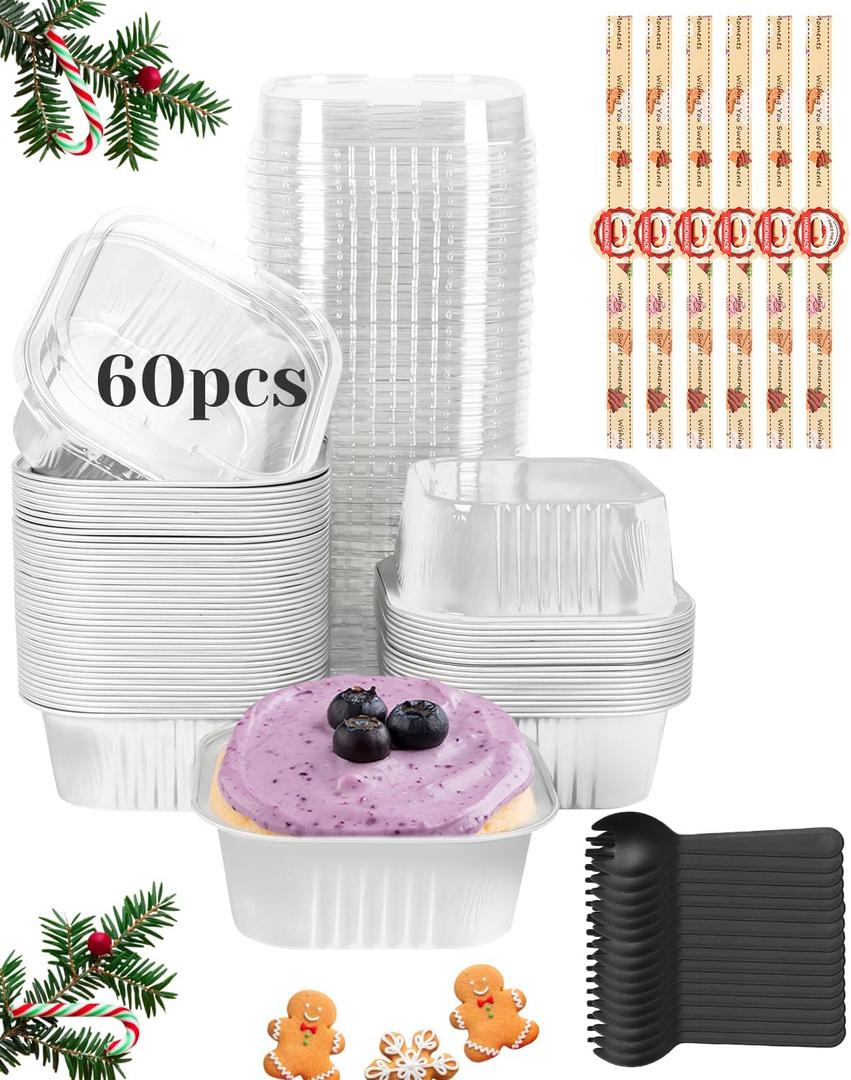 YQER 60 Pack 10oz Mini Cake Pans with Lids, Spoons, Stickers - Disposable Square Brownie Baking Cups - Individual Small Aluminum Foil Loaf Tins for Muffin, Ramekins, Cupcake - Catering, Gift, Sliver