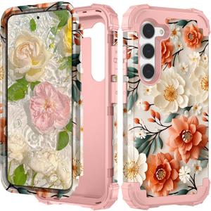 PIXIU Unique Flower Pattern Compatible with Samsung Galaxy S23 Plus case,Heavy Duty Dual Layer Shockproof Full-Body Protective Sturdy Hybrid Cute Rugged Case for Women,Girls,Kids-White/Orange (A14)