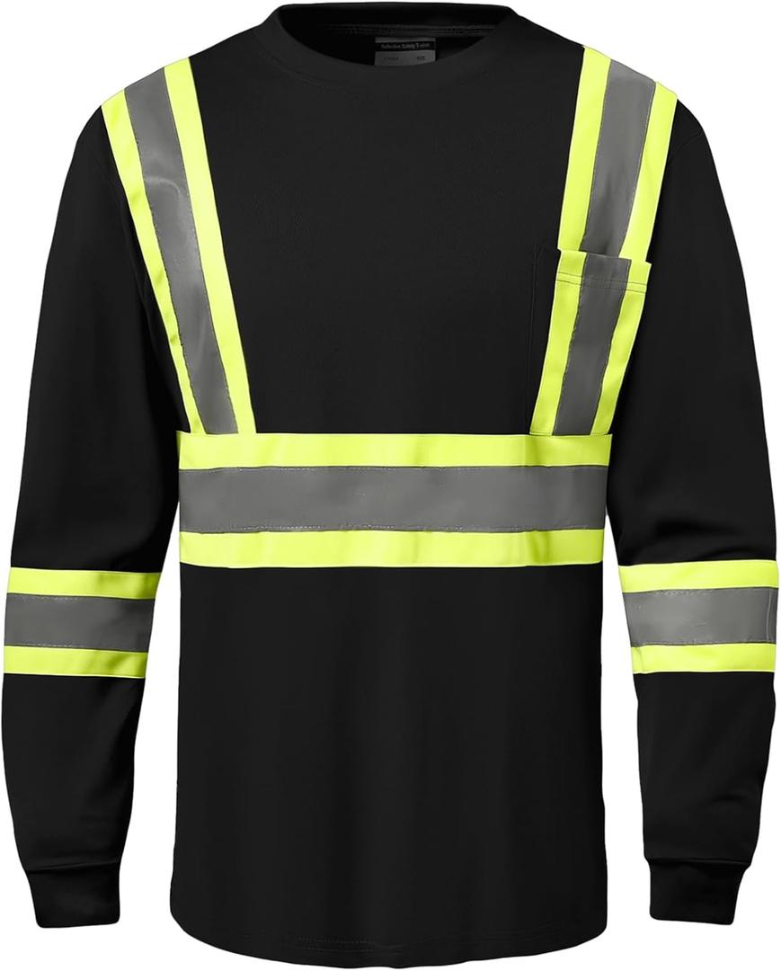 Hi Vis Safety Long Sleeve ShirtsHigh Visibility Class 3 T Shirts with Reflective Strips and Pocket, Quick Dry Mesh Construction Work Shirt for Men/Women (Black,XL)