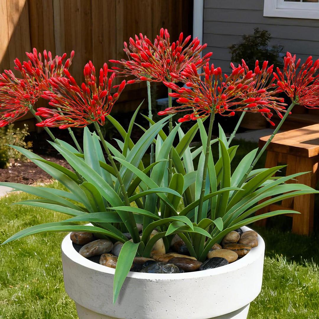 8 Bundles Artificial Flowers Plants for Outdoor Planters | 18.9 in Red Large Fake Flowers | Spring Summer Look Real Plasic Faux Plant for Front Porch Pathway Garden Patio (Red)